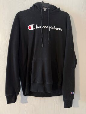 Champion Black Crewneck Hoodie with White Script and Red Logo Accent